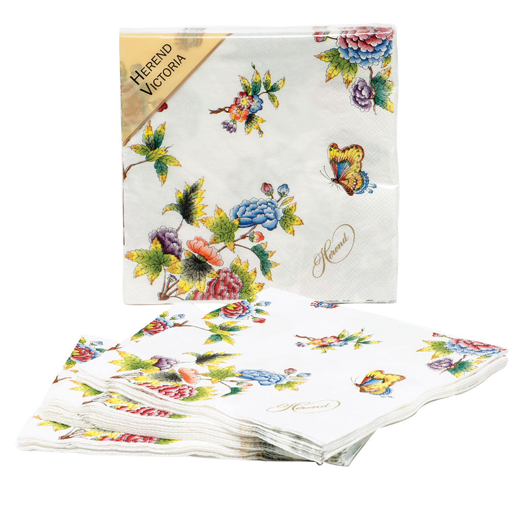 Hand-painted Herend Queen Victoria Paper Napkins Pack of 20 in fine porcelain, Individual Napkin 6.5in SQ, on a white background