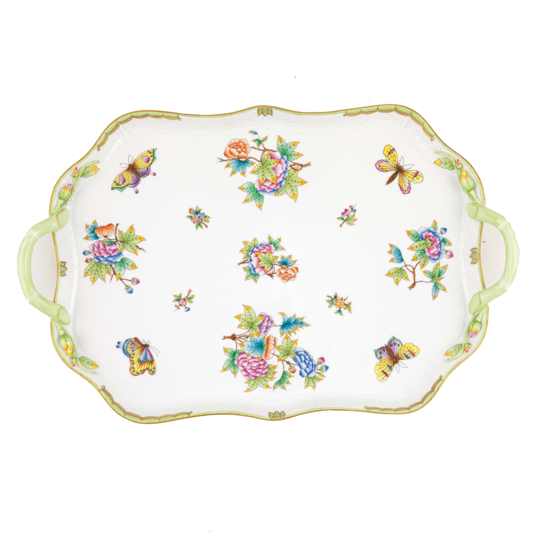 Hand-painted Herend Queen Victoria Rec Tray with Branch Handles in fine porcelain, 18in L, on a white background