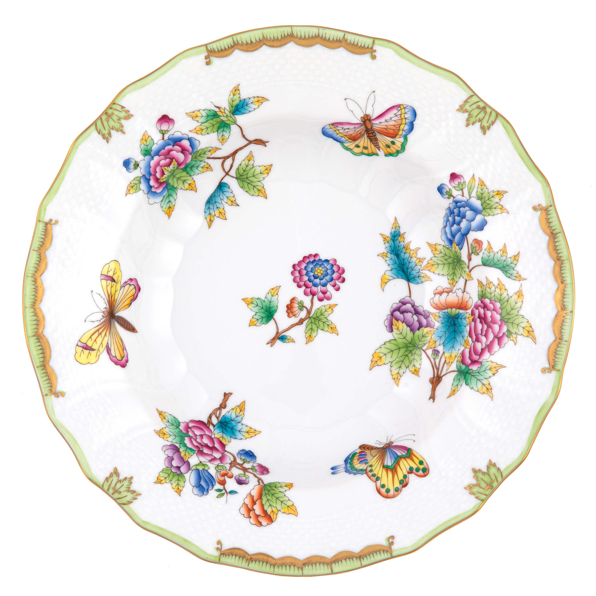 Hand-painted Herend Queen Victoria Rim Soup Soup Plates & Rimmed Soup Bowl in fine porcelain, 9.5in D, on a white background