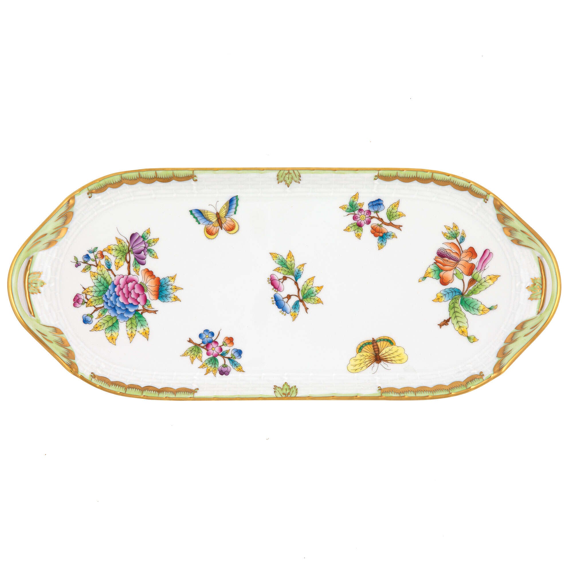 Hand-painted Herend Queen Victoria Sandwich Tray in fine porcelain, 14.5in L X 6in W, on a white background