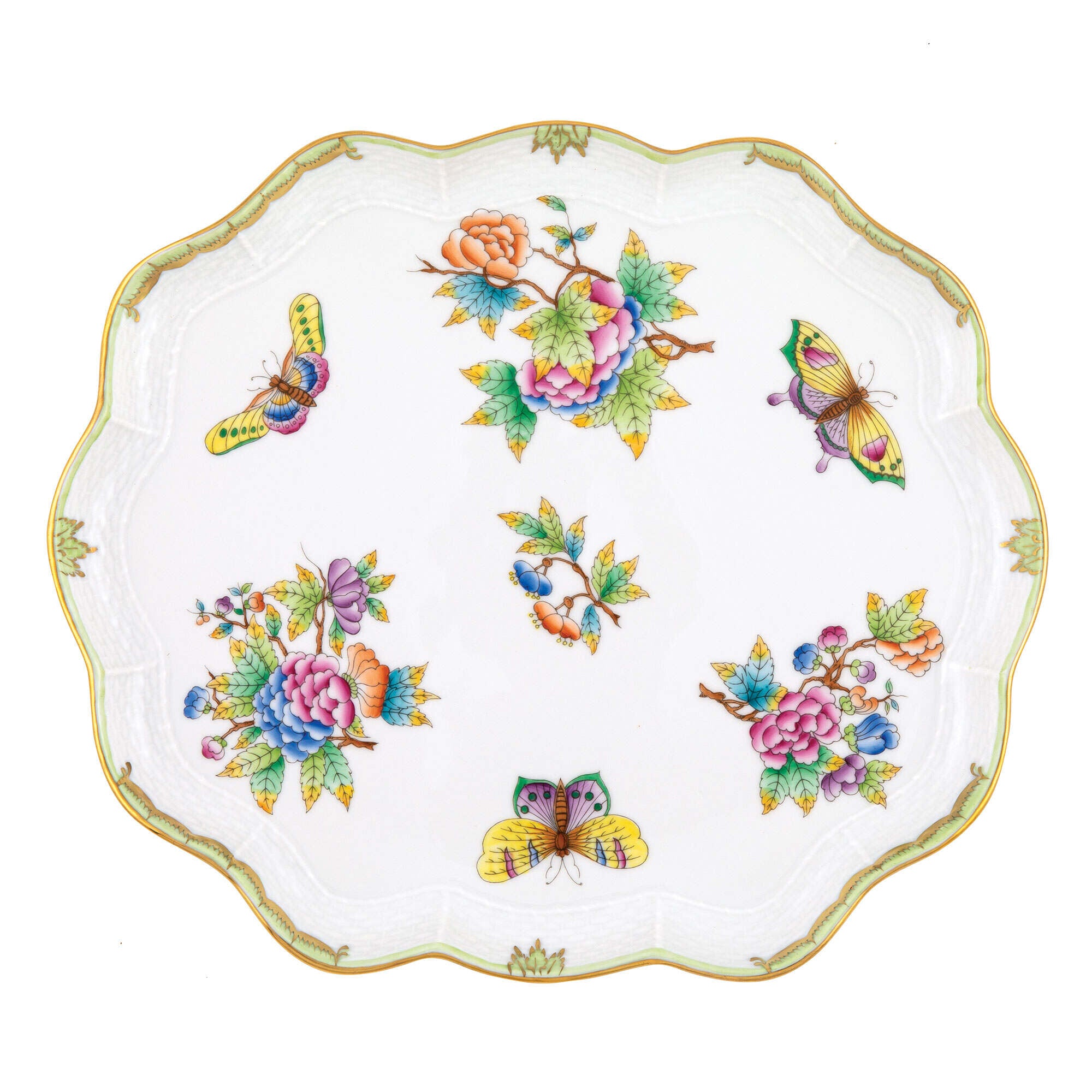 Hand-painted Herend Queen Victoria Scallop Tray in fine porcelain, 11.25in L X 9.5in W, on a white background