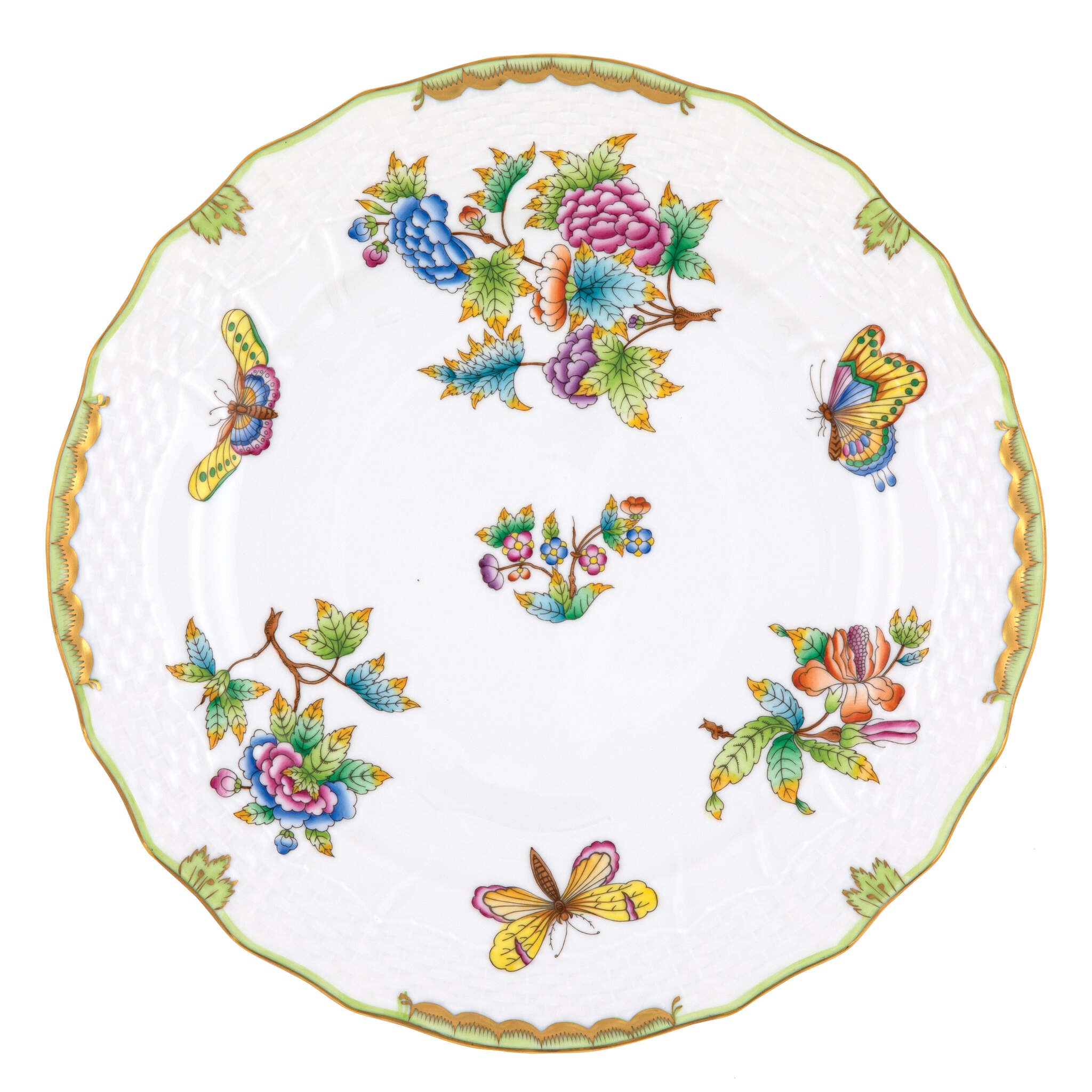 Hand-painted Herend Queen Victoria Service Plate in fine porcelain, 11in D, on a white background