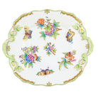 Hand-painted Herend Queen Victoria Square Cake Plate with Handles in fine porcelain, 9.5in SQ, on a white background