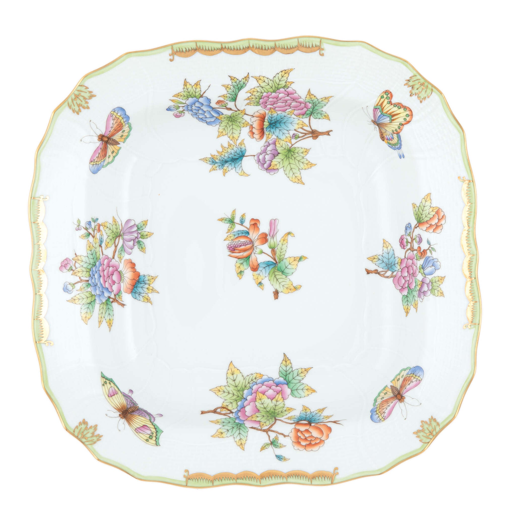 Hand-painted Herend Queen Victoria Square Fruit Dish in fine porcelain, 11in SQ, on a white background
