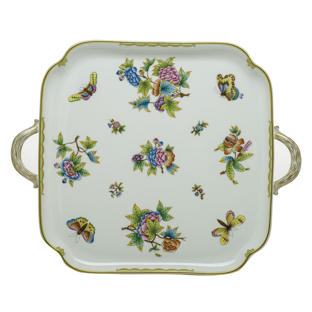Hand-painted Herend Queen Victoria Square Tray with Handles in fine porcelain, 12.75in L X 12.75in W, on a white background