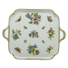 Hand-painted Herend Queen Victoria Square Tray with Handles in fine porcelain, 12.75in L X 12.75in W, on a white background