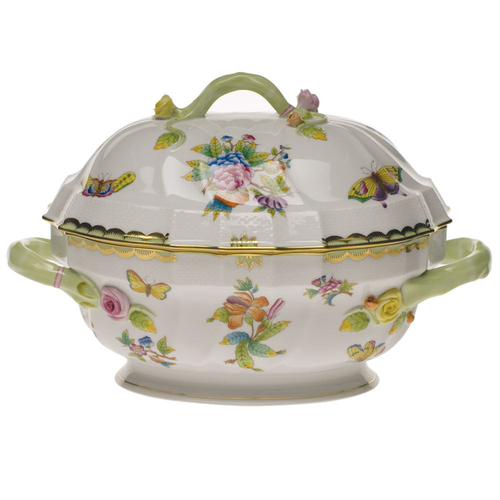Hand-painted Herend Queen Victoria Tureen with Branch in fine porcelain, (2 QT) 9.5in H, on a white background