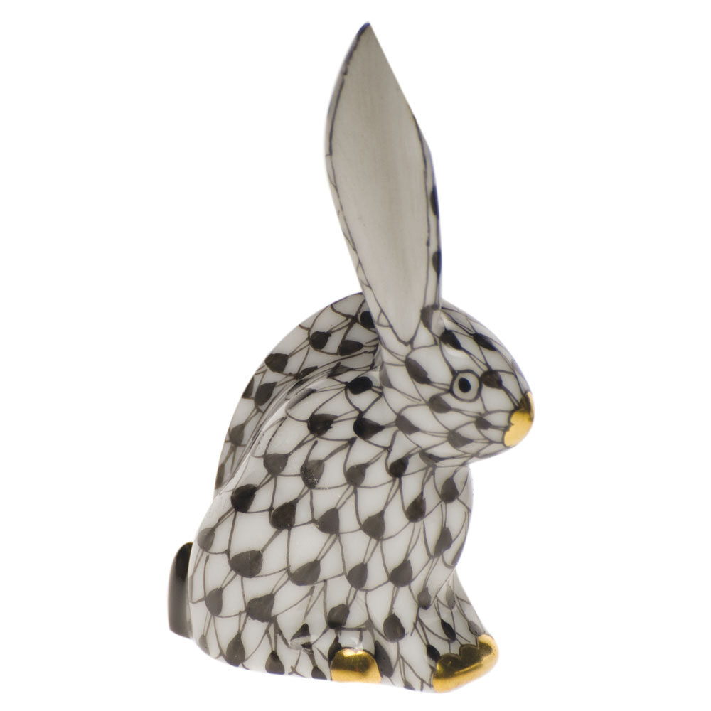 Black fishnet Rabbit Miniature Figurine figurine, hand-painted Herend porcelain with 24k gold accents