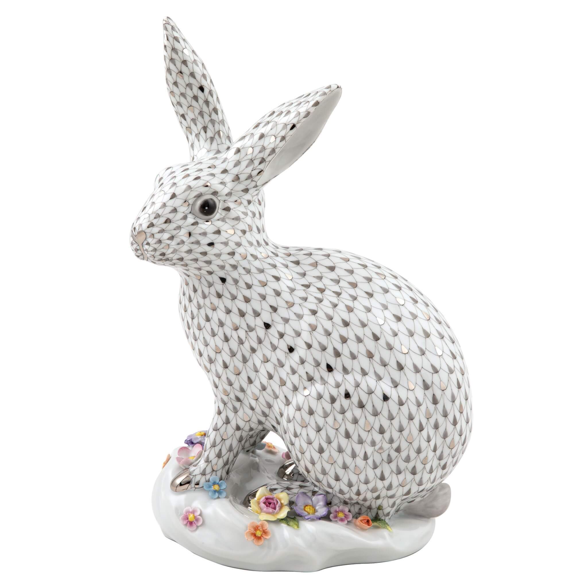 Hand-painted Herend Rabbit with Applied Flowers Figurine in fine porcelain, 7in L X 4.75in W X 11.75in H, on a white background