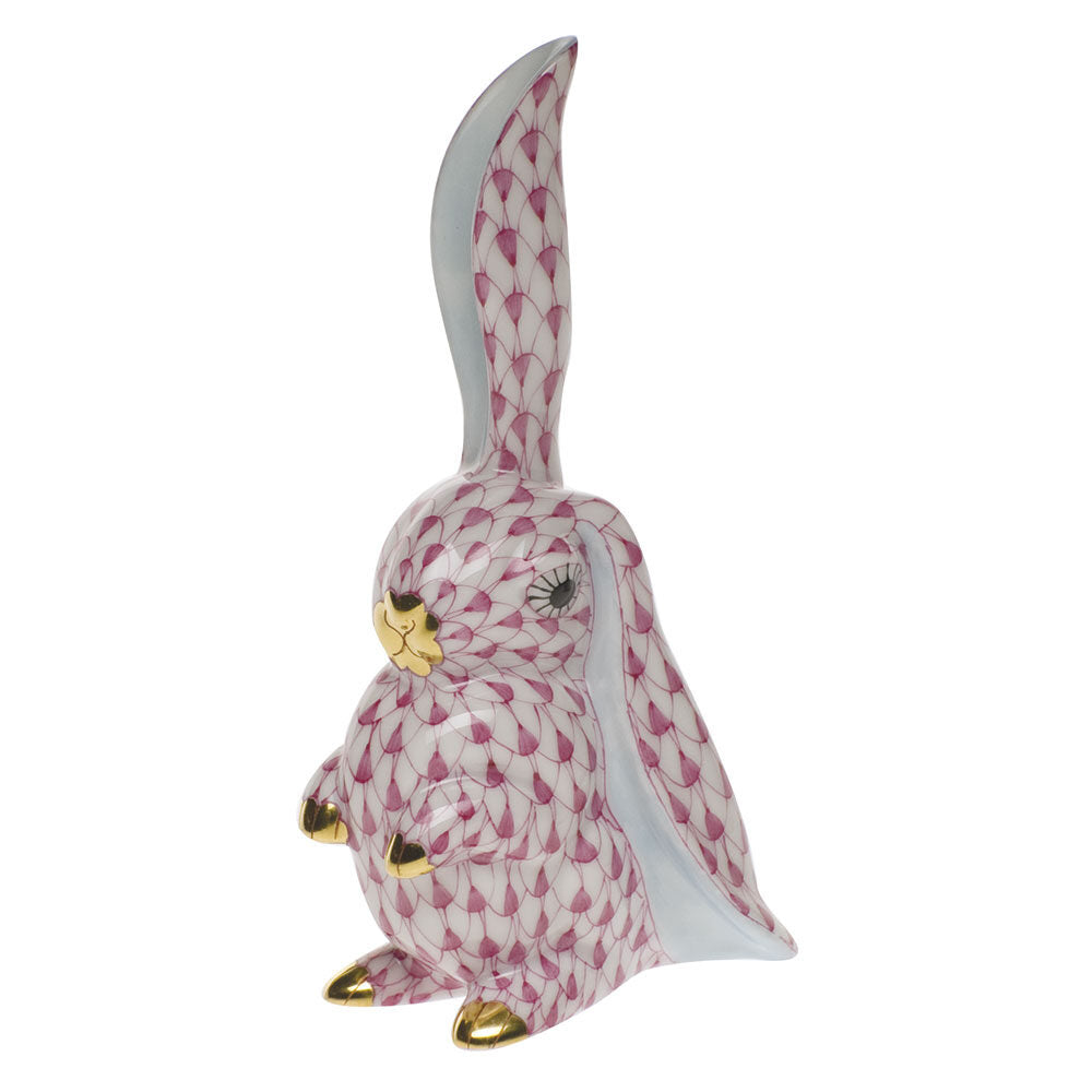 Herend Rabbit with One Ear Up Figurine porcelain figurine painted in the Raspberry fishnet pattern