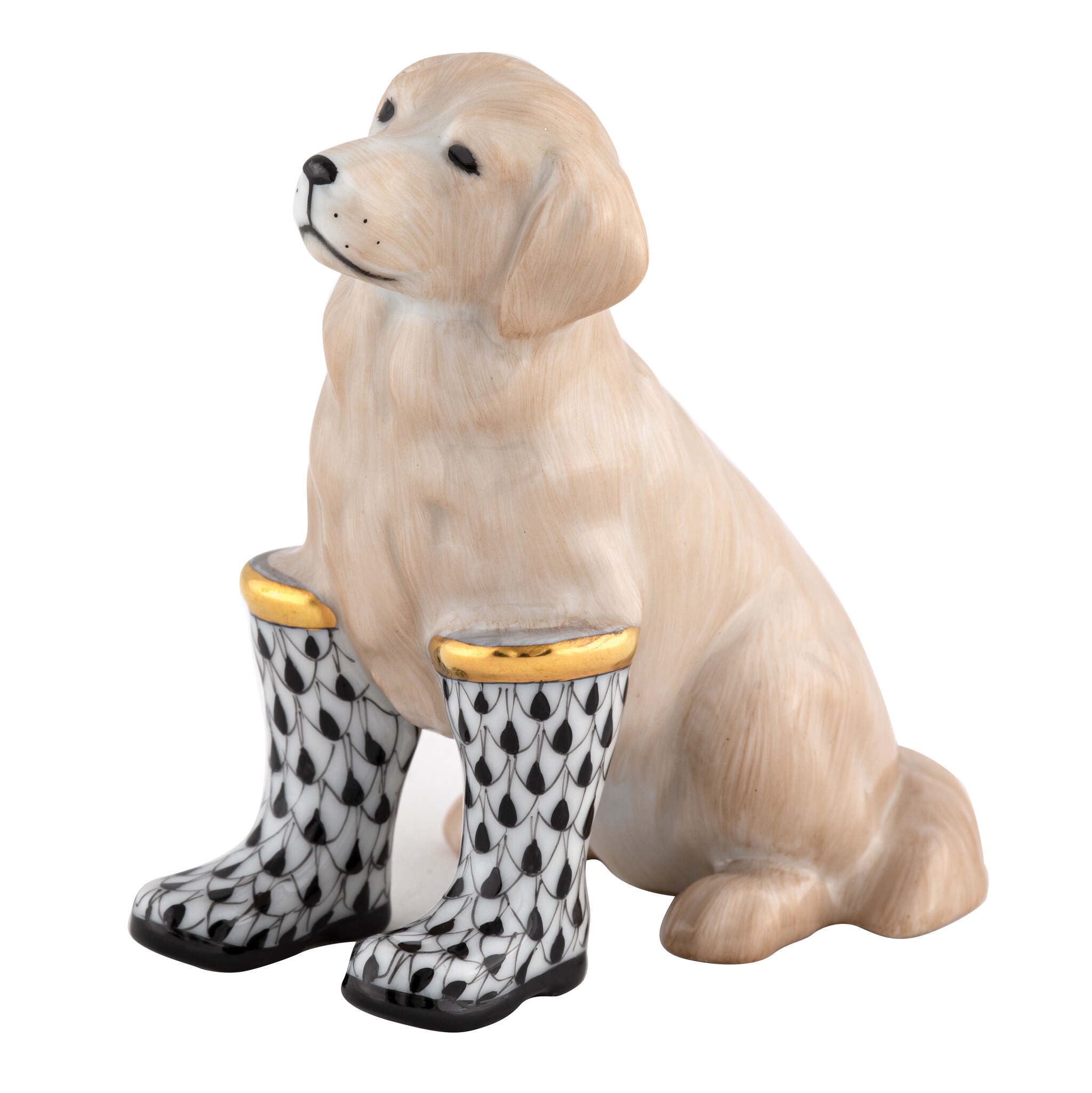 Hand-painted Herend Rainy Day Retriever Figurine in Black fishnet porcelain on a white background