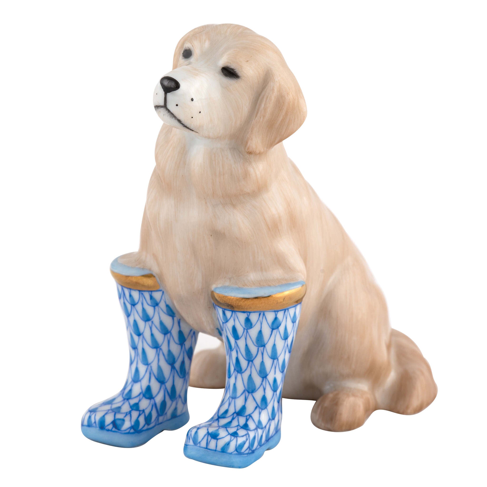Blue fishnet Rainy Day Retriever Figurine figurine, hand-painted Herend porcelain with 24k gold accents