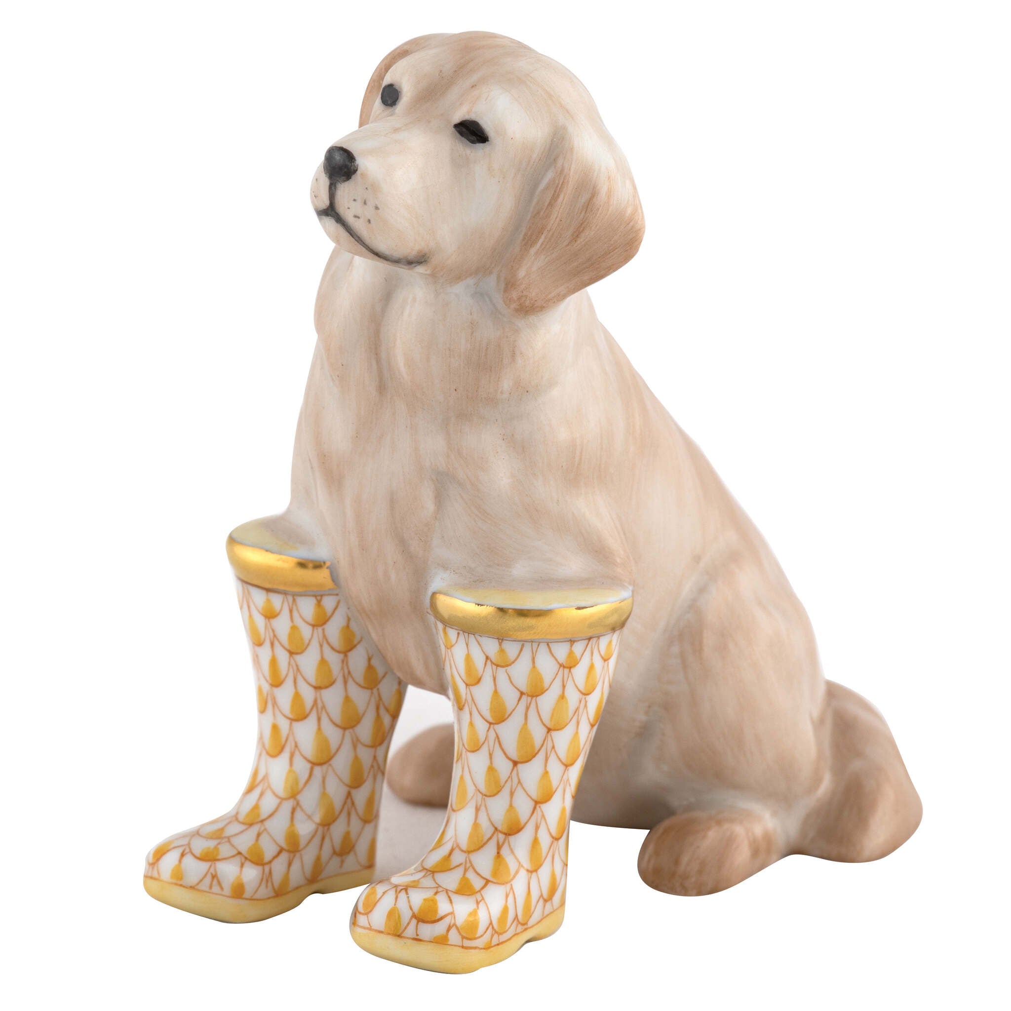 Hand-painted Herend Rainy Day Retriever Figurine in Butterscotch fishnet porcelain on a white background