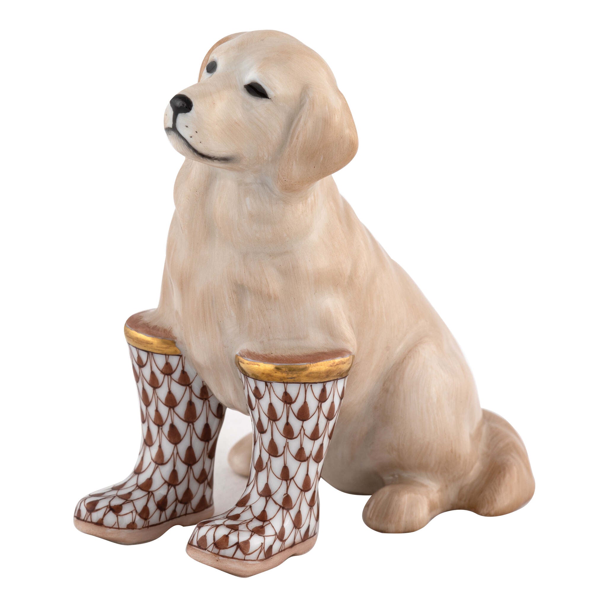 Hand-painted Herend Rainy Day Retriever Figurine in Chocolate fishnet porcelain on a white background