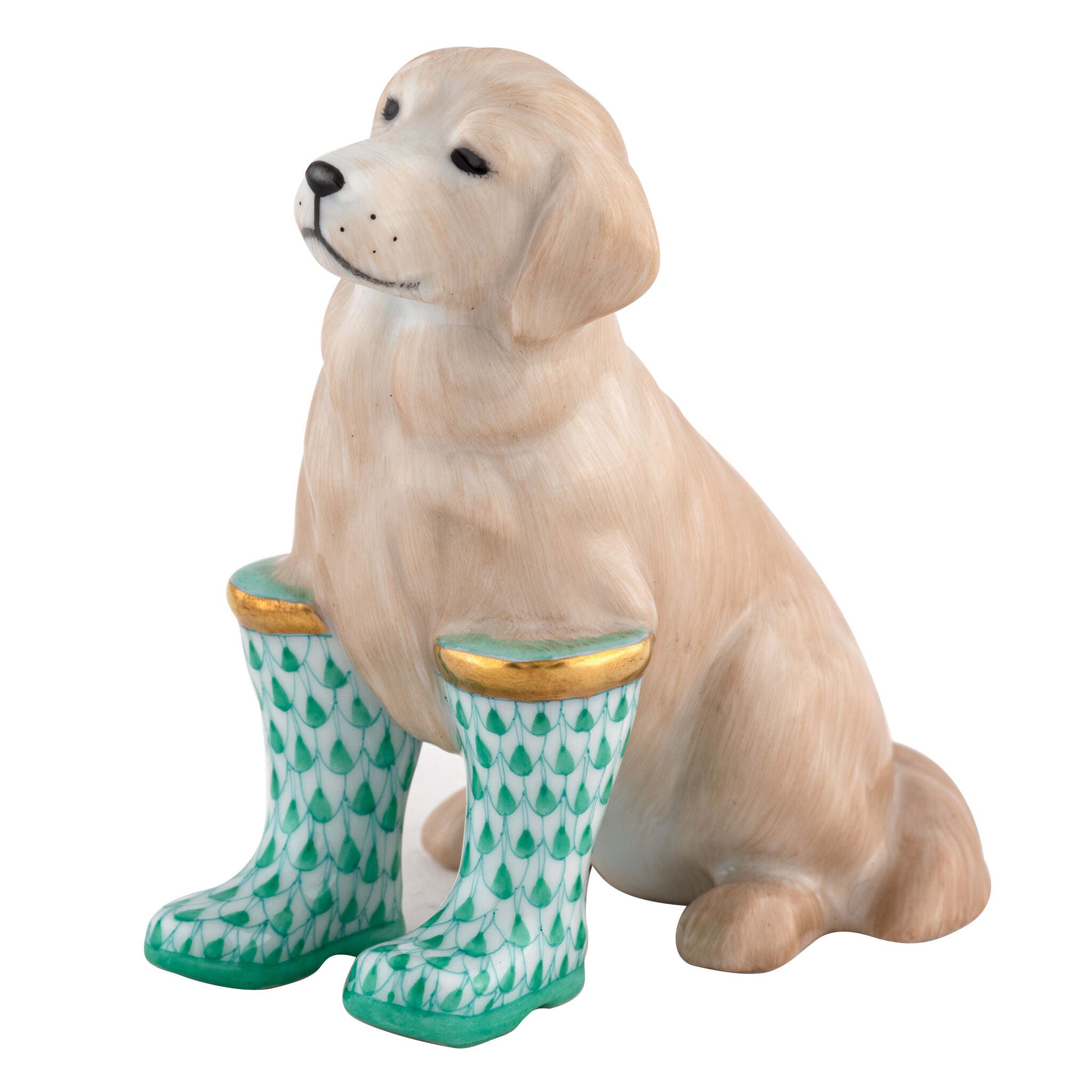 Hand-painted Herend Rainy Day Retriever Figurine in Green fishnet porcelain on a white background