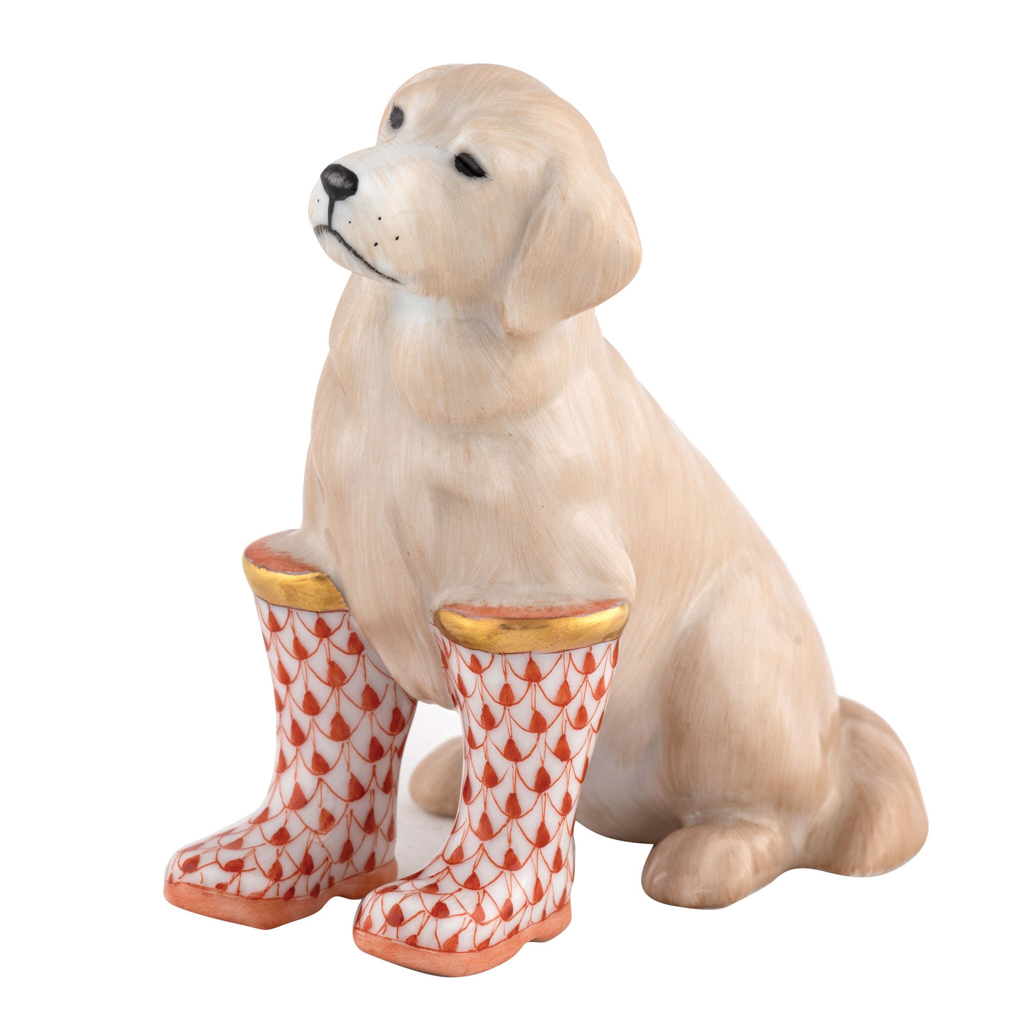 Hand-painted Herend Rainy Day Retriever Figurine in Rust fishnet porcelain on a white background
