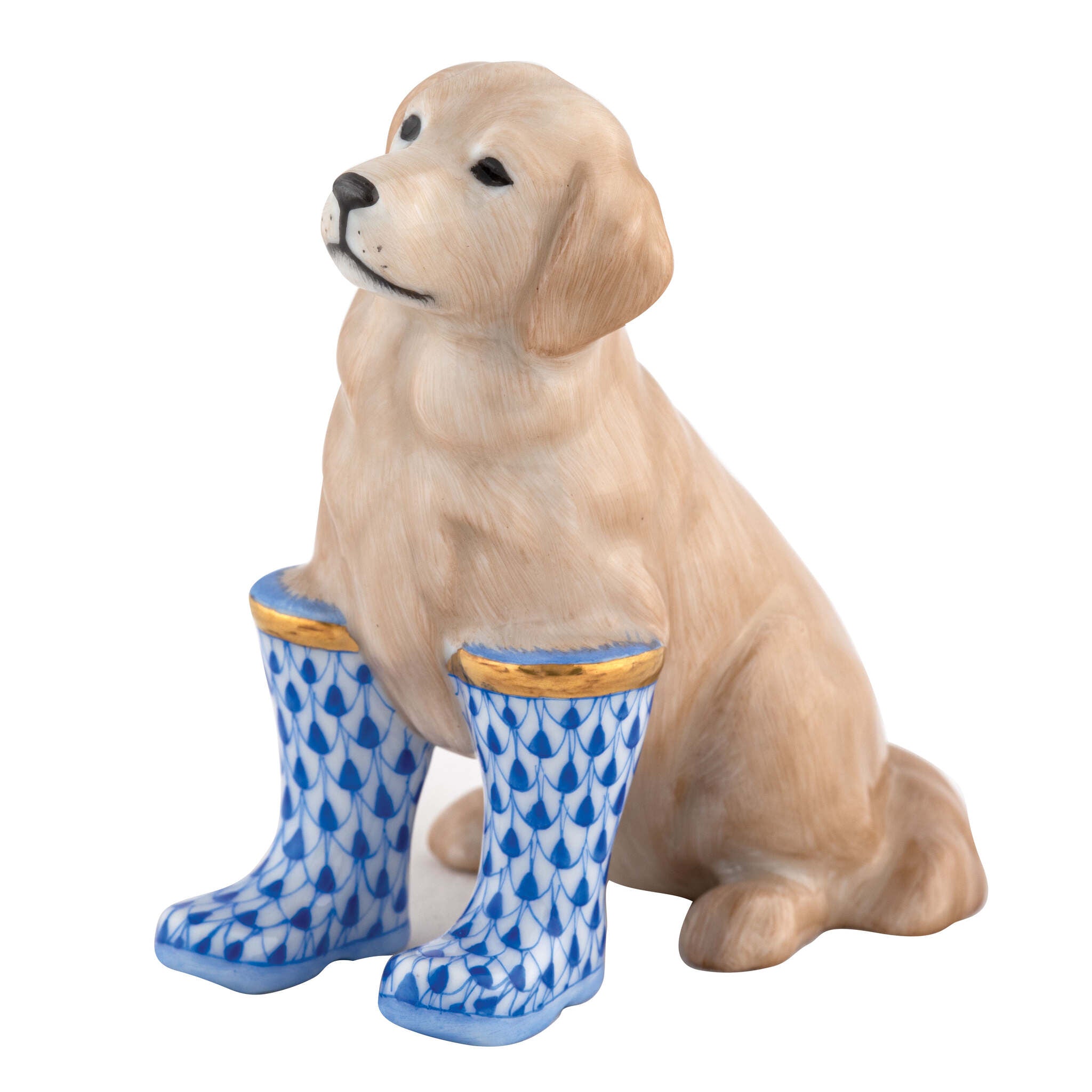 Herend Rainy Day Retriever Figurine porcelain figurine painted in the Sapphire fishnet pattern