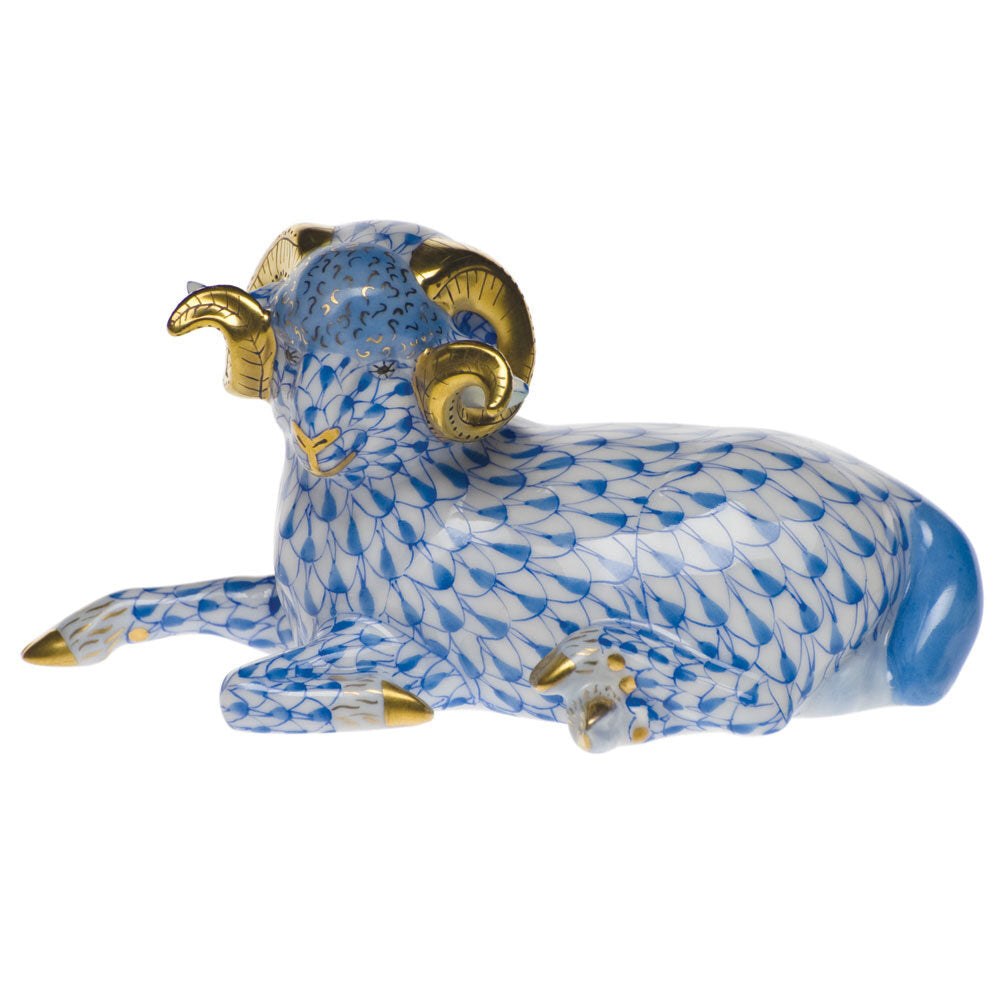 Herend Ram Figurine porcelain figurine painted in the Blue fishnet pattern