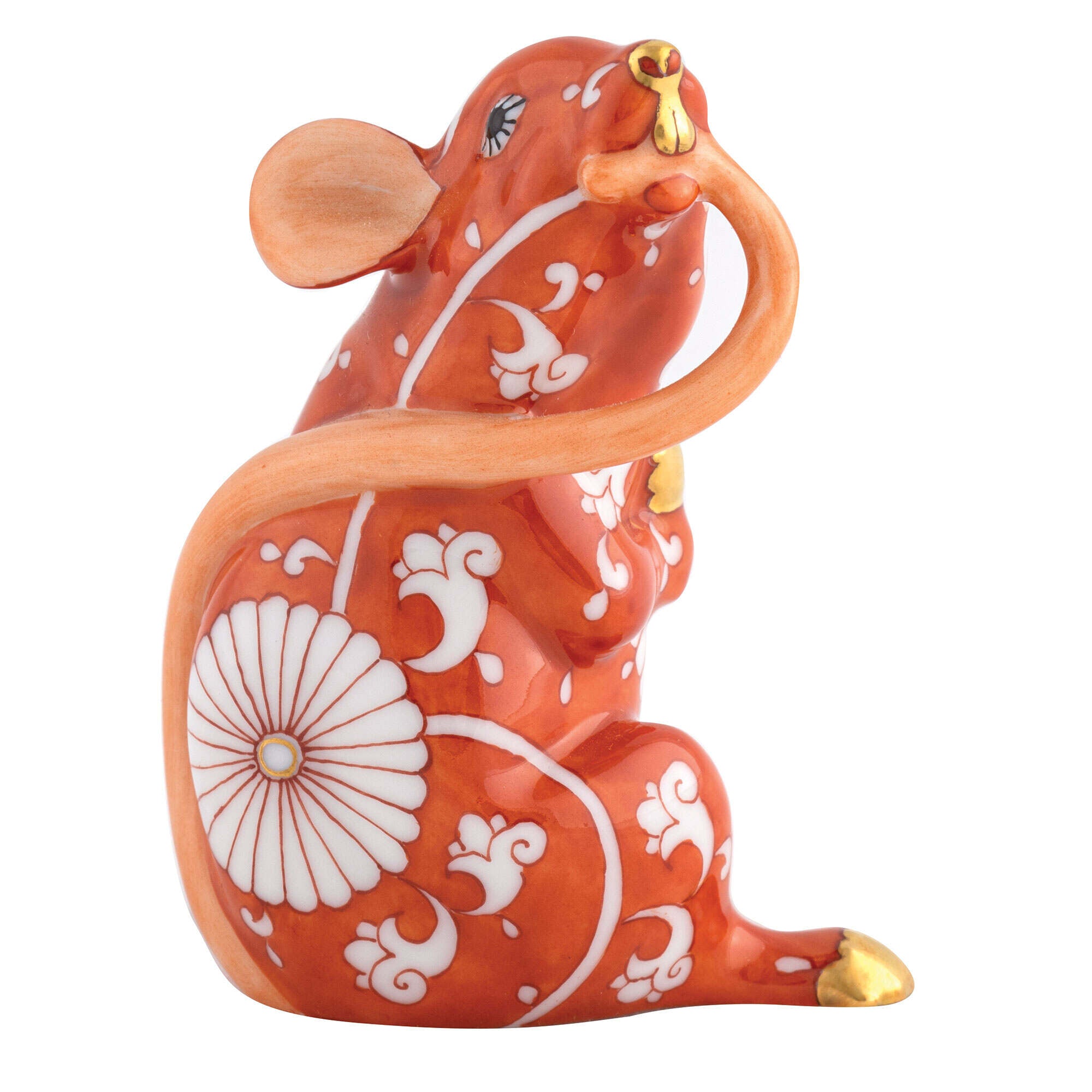 Hand-painted Herend Rat Figurine in fine porcelain, 3in H, on a white background