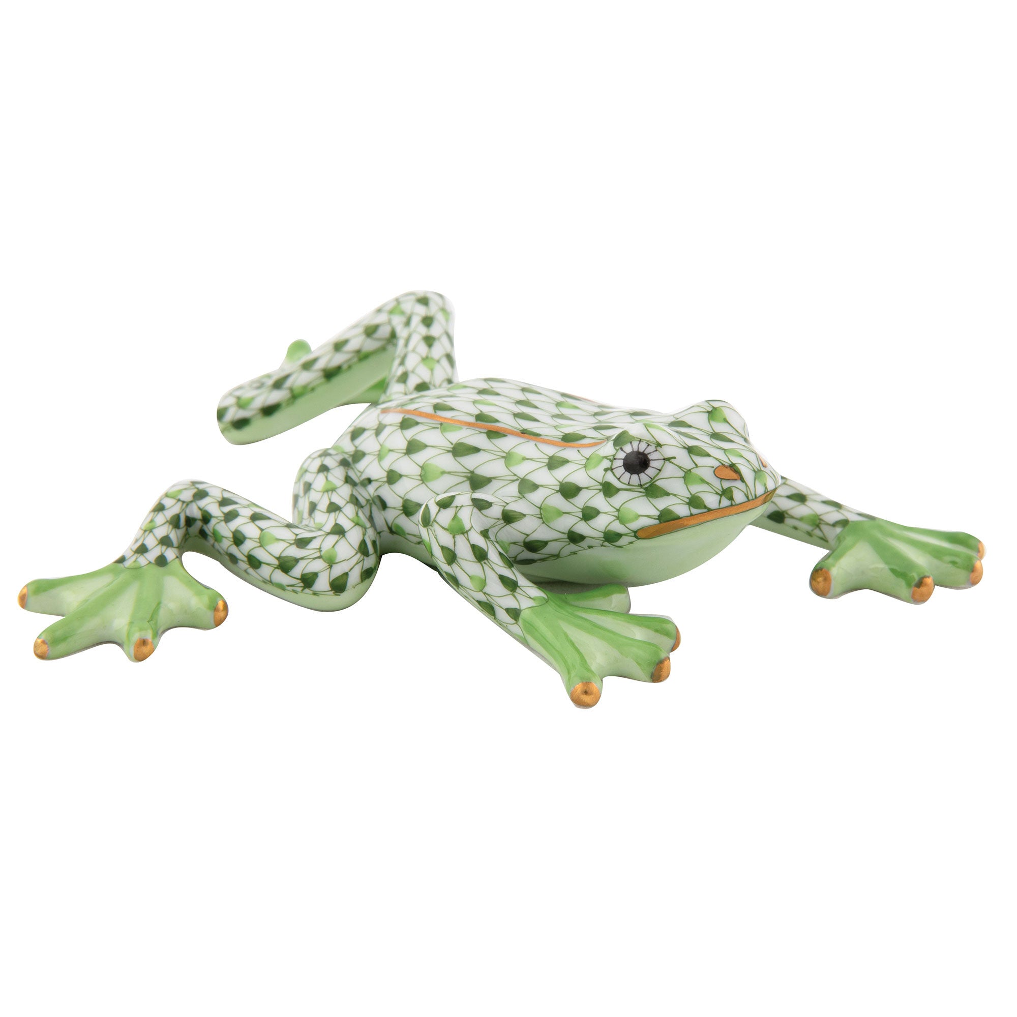 Hand-painted Herend Reaching Frog Figurine in fine porcelain, 4.75in L X 4.25in W X 1in H, on a white background