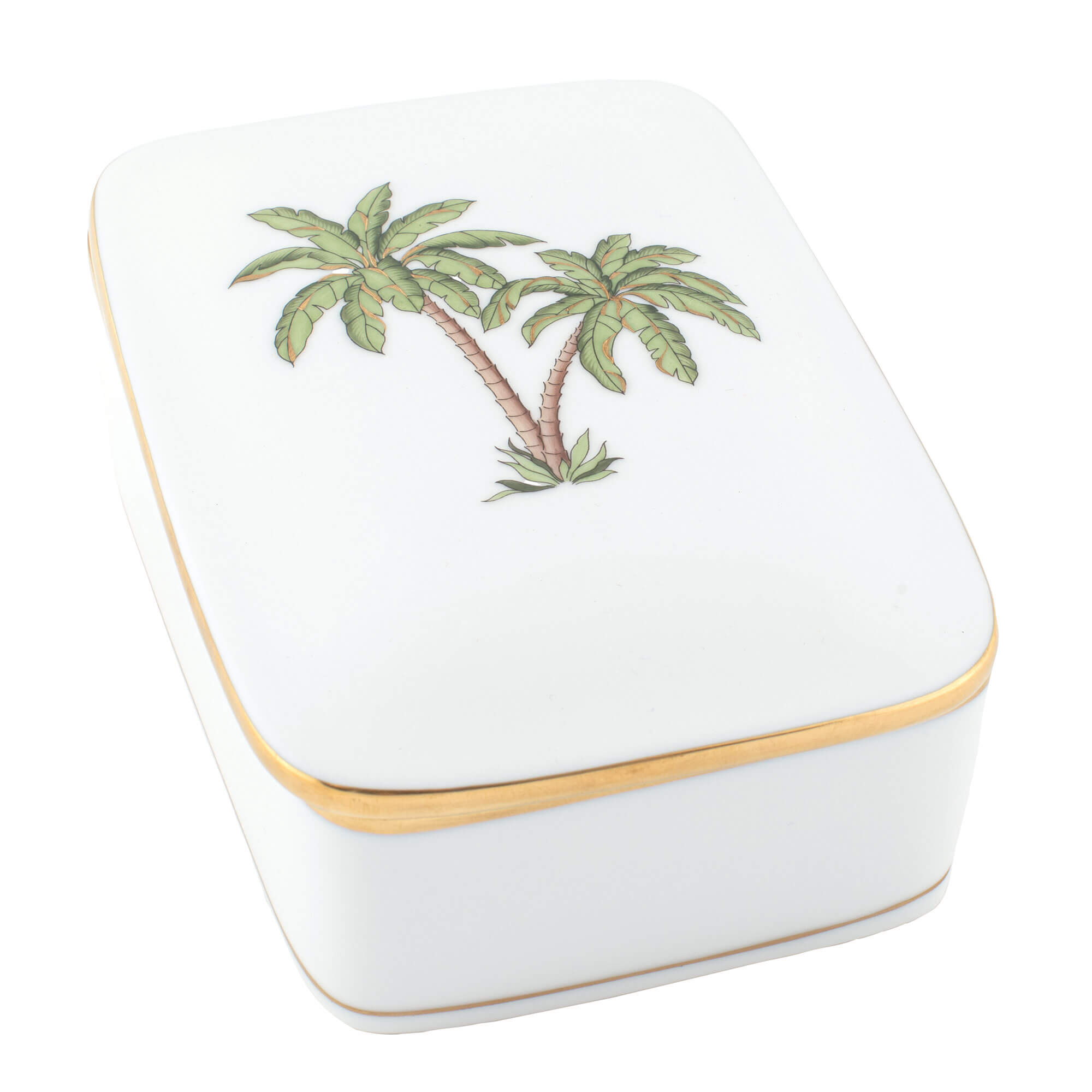 Herend Rect Box Palm Tree in Green - Hand-painted Hungarian porcelain by Herend. Paris Tableware.
