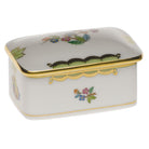 Hand-painted Herend Rectangular Box in fine porcelain, 3in L X 2in W, on a white background