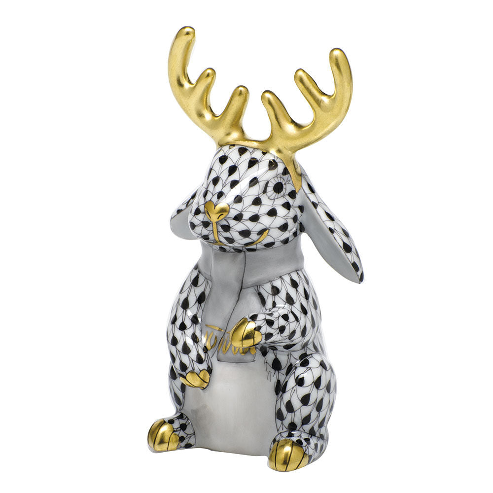 Reindeer Rabbit Figurine in hand-painted Black porcelain by Herend of Hungary