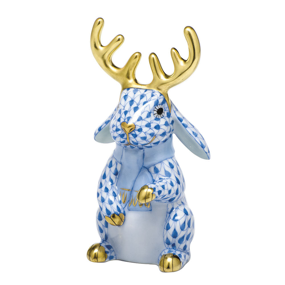 Hand-painted Herend Reindeer Rabbit Figurine in Blue fishnet porcelain on a white background