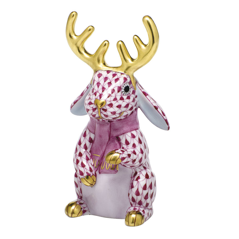 Hand-painted Herend Reindeer Rabbit Figurine in Raspberry fishnet porcelain on a white background