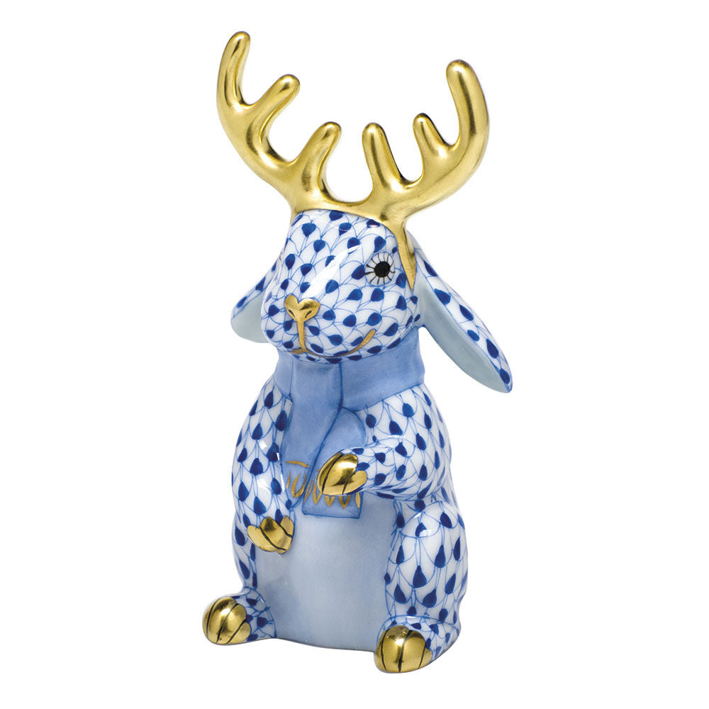 Hand-painted Herend Reindeer Rabbit Figurine in Sapphire fishnet porcelain on a white background