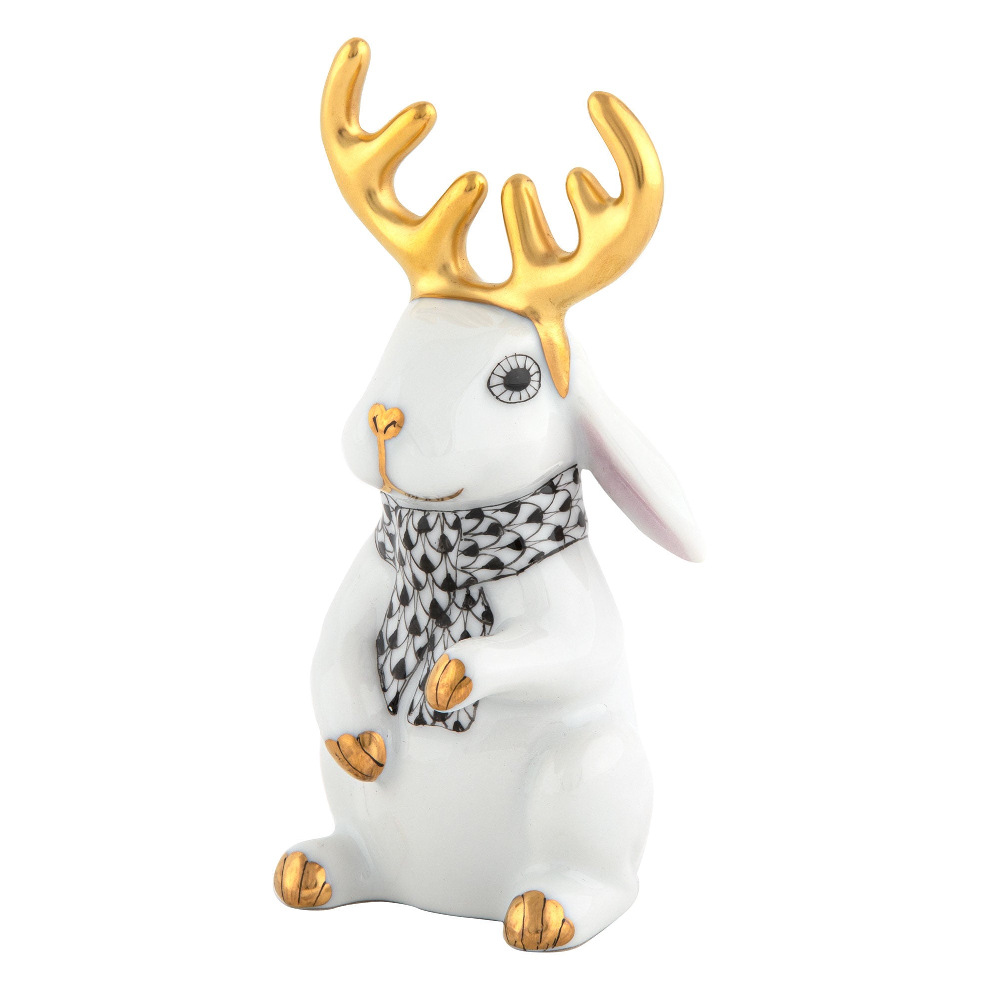 White-Black fishnet Reindeer Rabbit Figurine figurine, hand-painted Herend porcelain with 24k gold accents