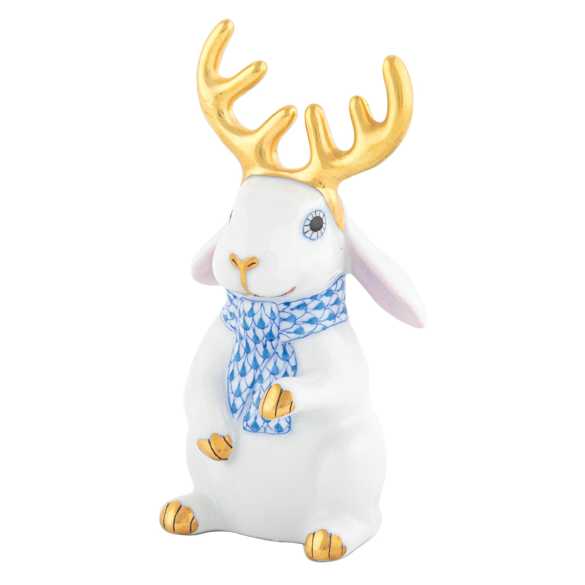 White-Blue fishnet Reindeer Rabbit Figurine figurine, hand-painted Herend porcelain with 24k gold accents
