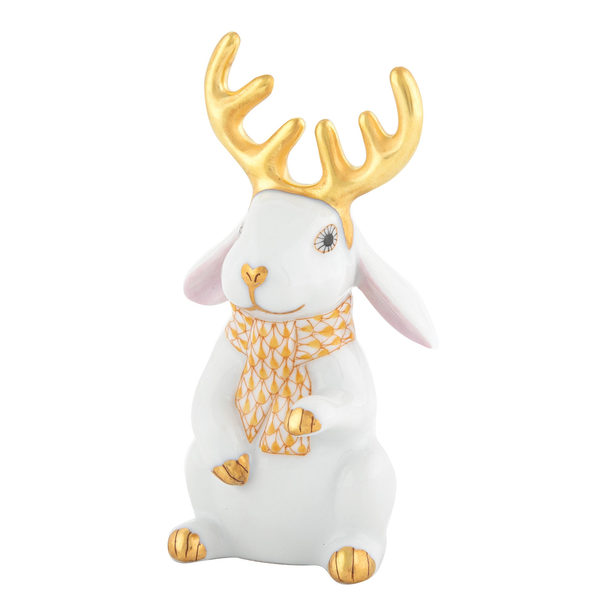 Herend Reindeer Rabbit Figurine porcelain figurine painted in the White-Butterscotch fishnet pattern