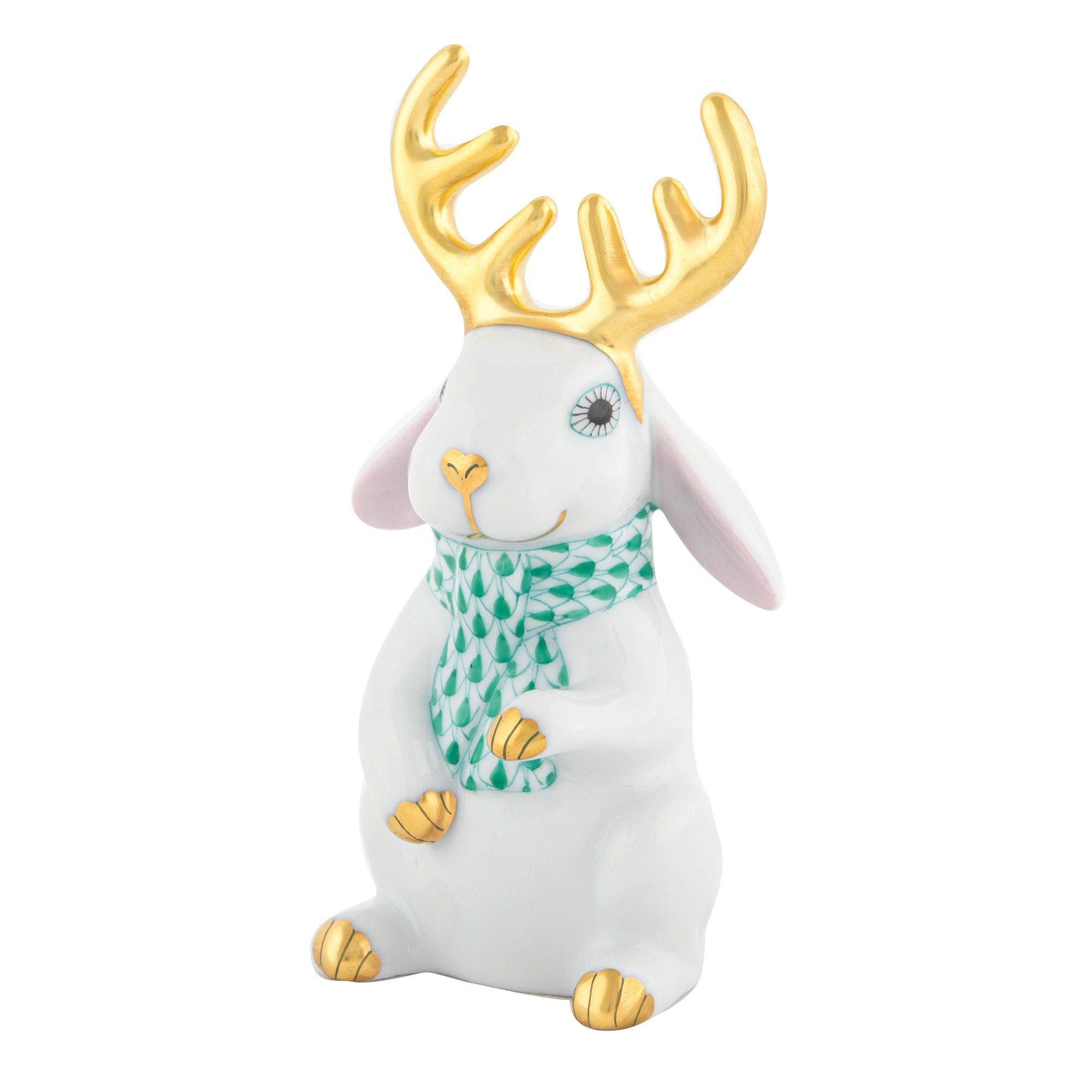 Herend Reindeer Rabbit Figurine porcelain figurine painted in the White-Green fishnet pattern