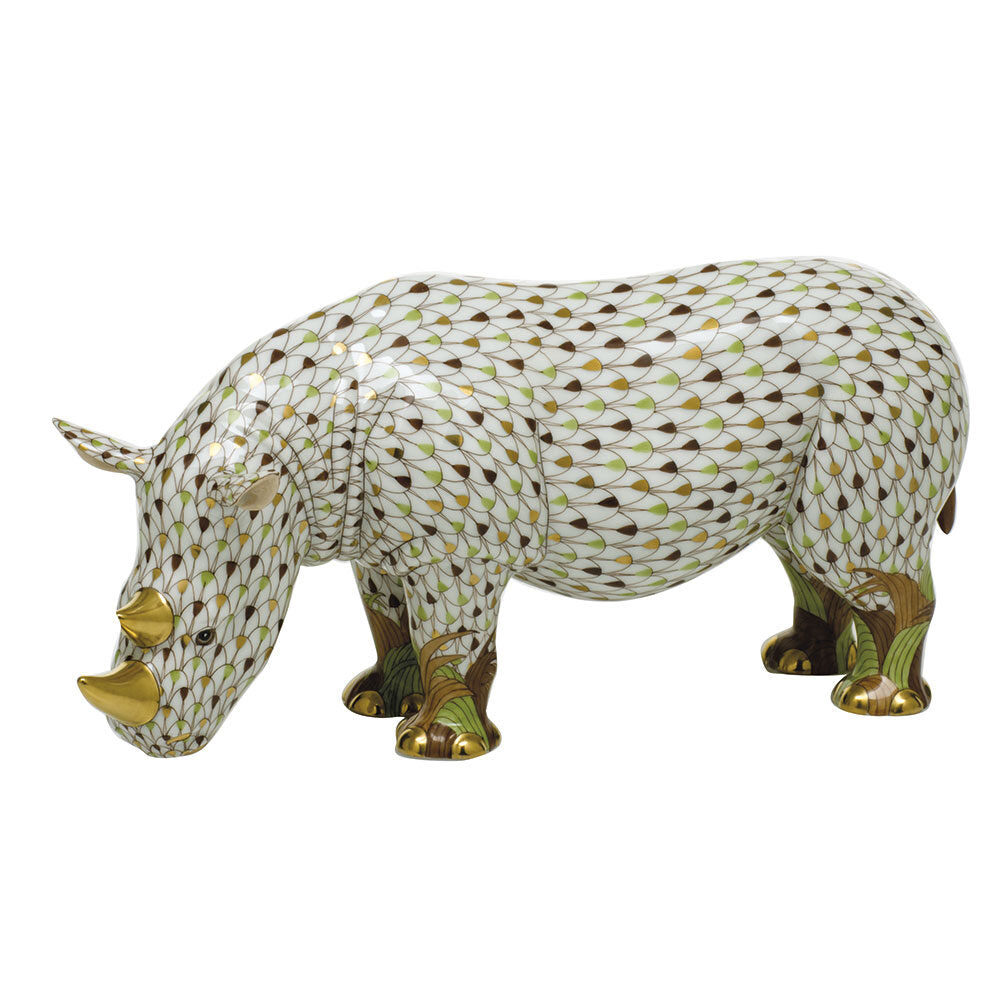 Hand-painted Herend Rhinoceros Figurine in fine porcelain, 10in L X 4.5in H, on a white background