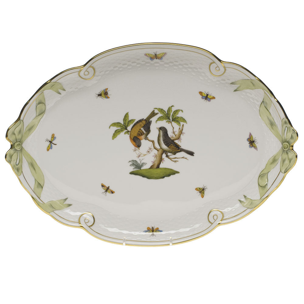 Hand-painted Herend Ribbon Tray with Green Ribbon in fine porcelain, 15.75in L X 11in W, on a white background