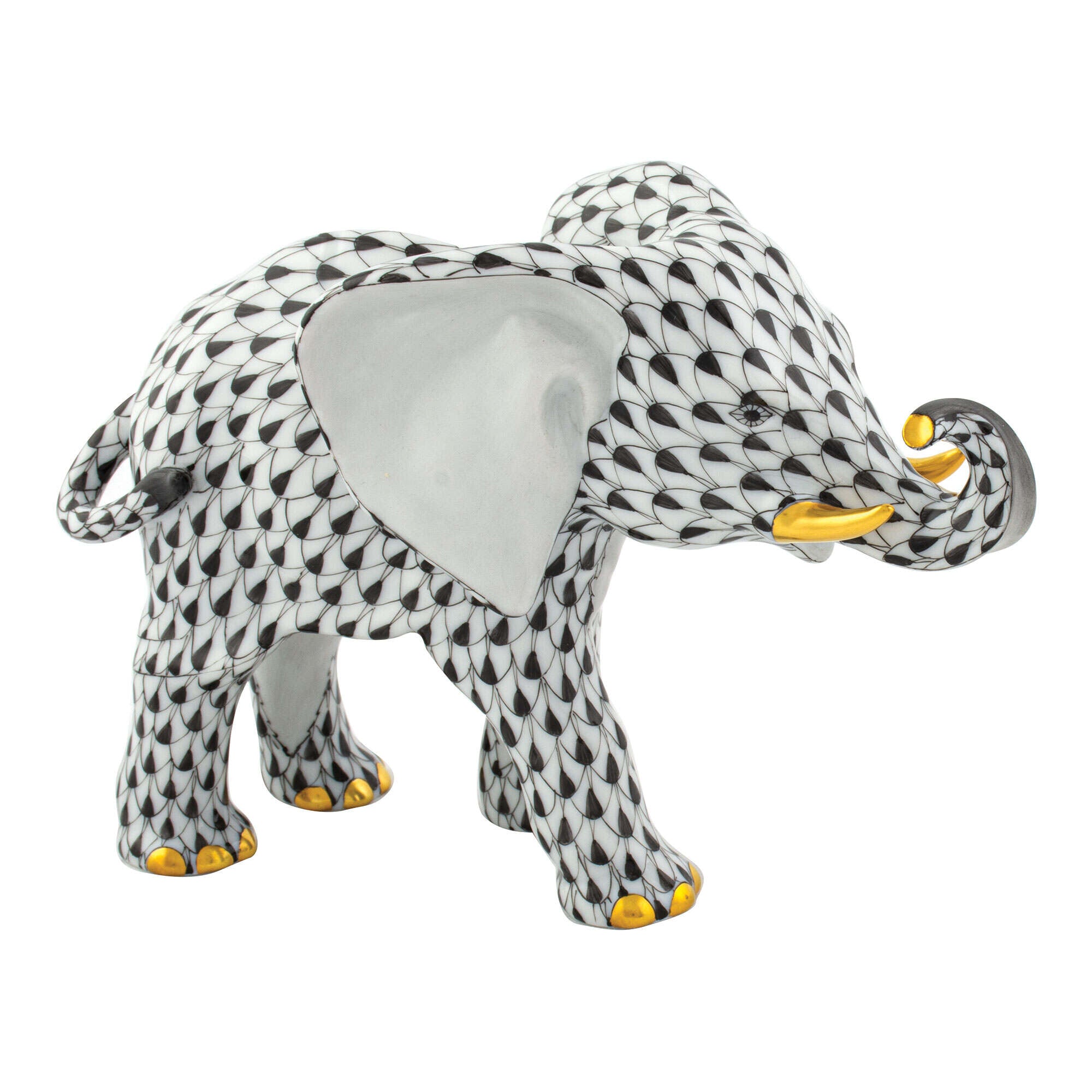Herend Roaming Elephant Figurine porcelain figurine painted in the Black fishnet pattern
