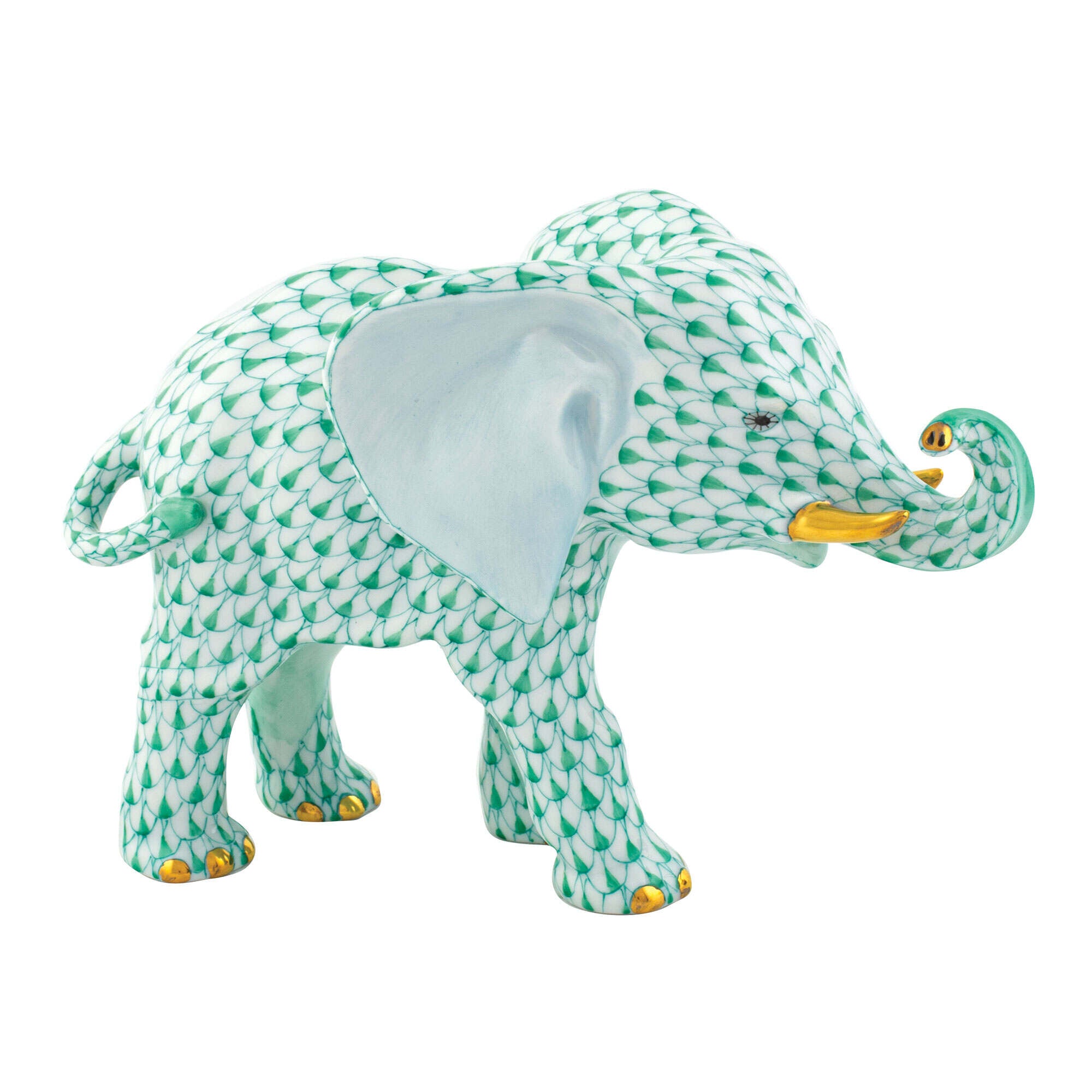 Herend Roaming Elephant Figurine porcelain figurine painted in the Green fishnet pattern