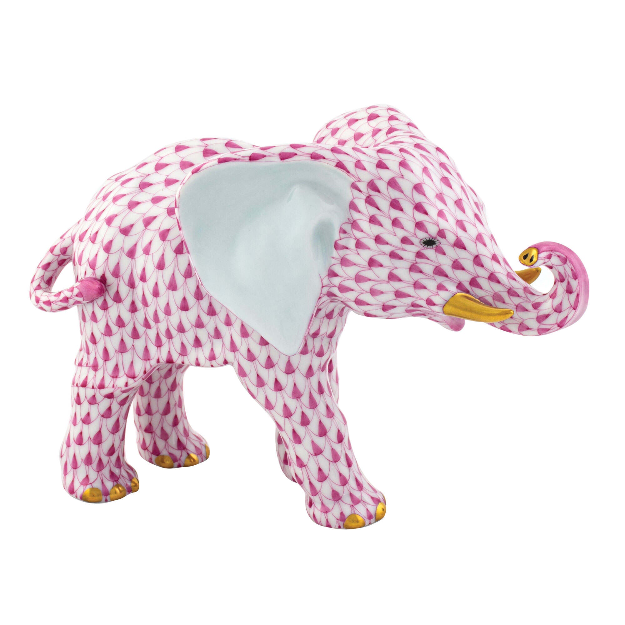 Hand-painted Herend Roaming Elephant Figurine in Raspberry fishnet porcelain on a white background