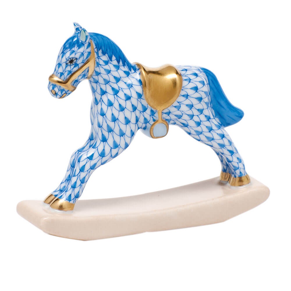 Rocking Horse Figurine in hand-painted Blue porcelain by Herend of Hungary