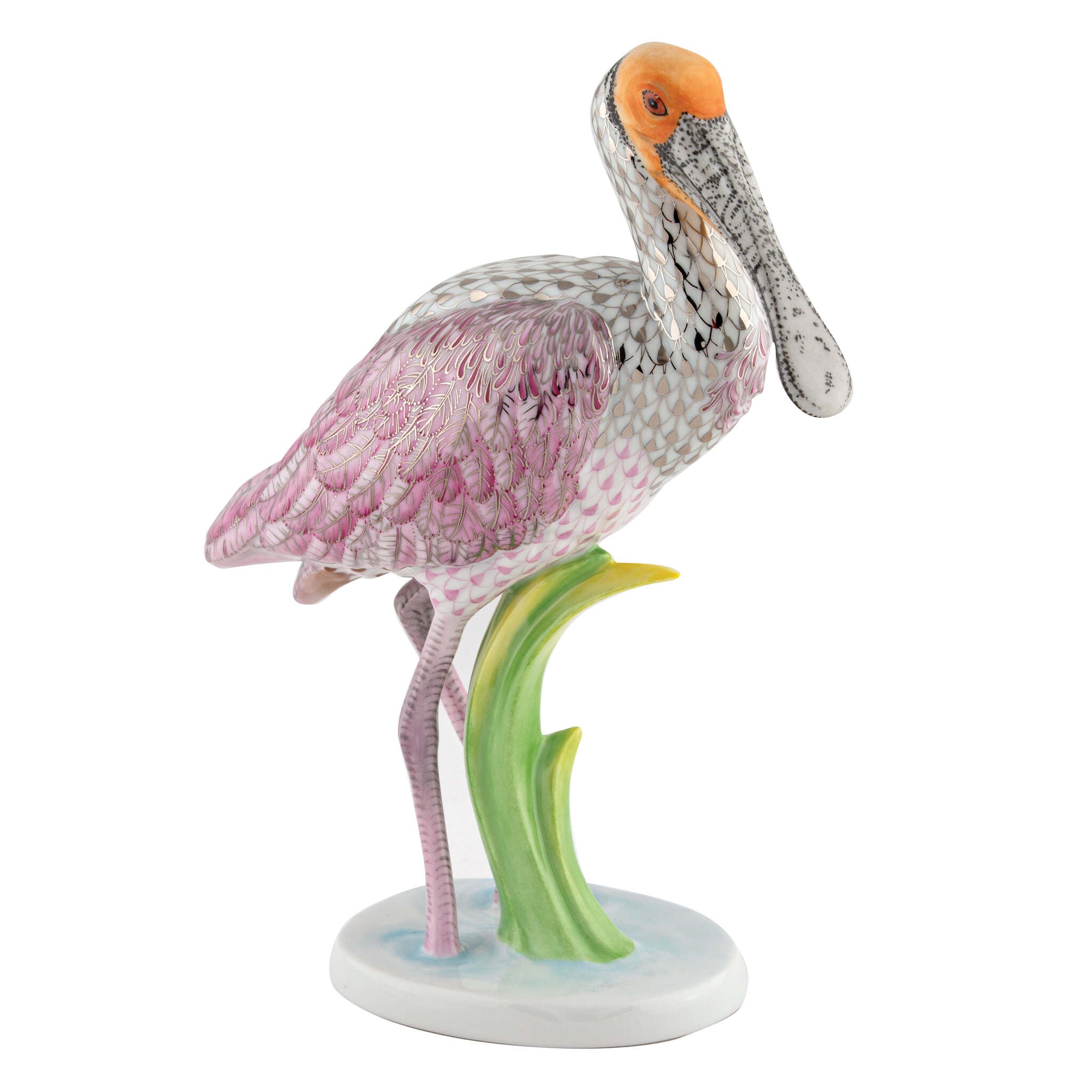 Hand-painted Herend Roseate Spoonbill Figurine in fine porcelain, 7.75in L X 3.5in W X 9.75in H, on a white background