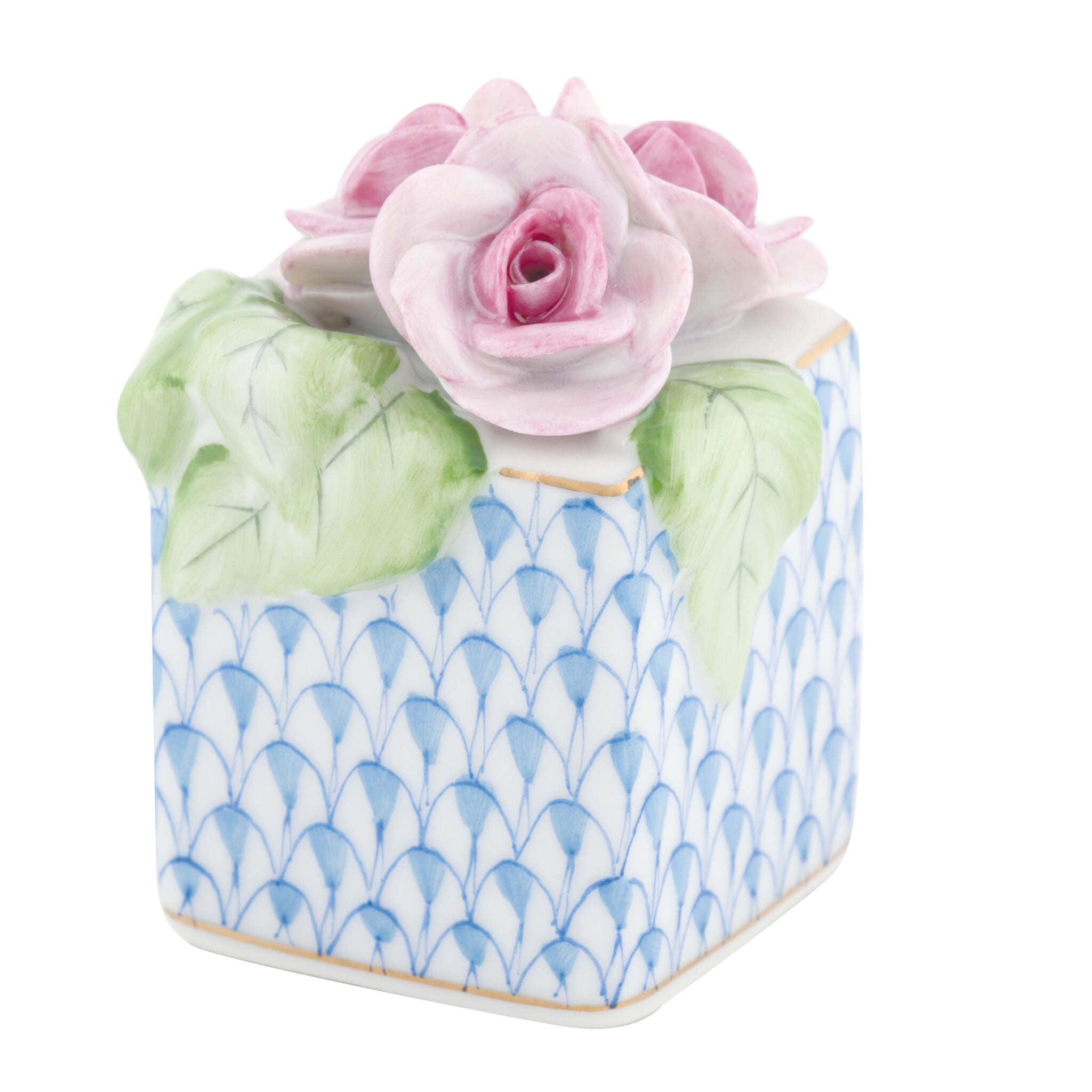 Hand-painted Herend Roses in Vase Figurine in Blue fishnet porcelain on a white background