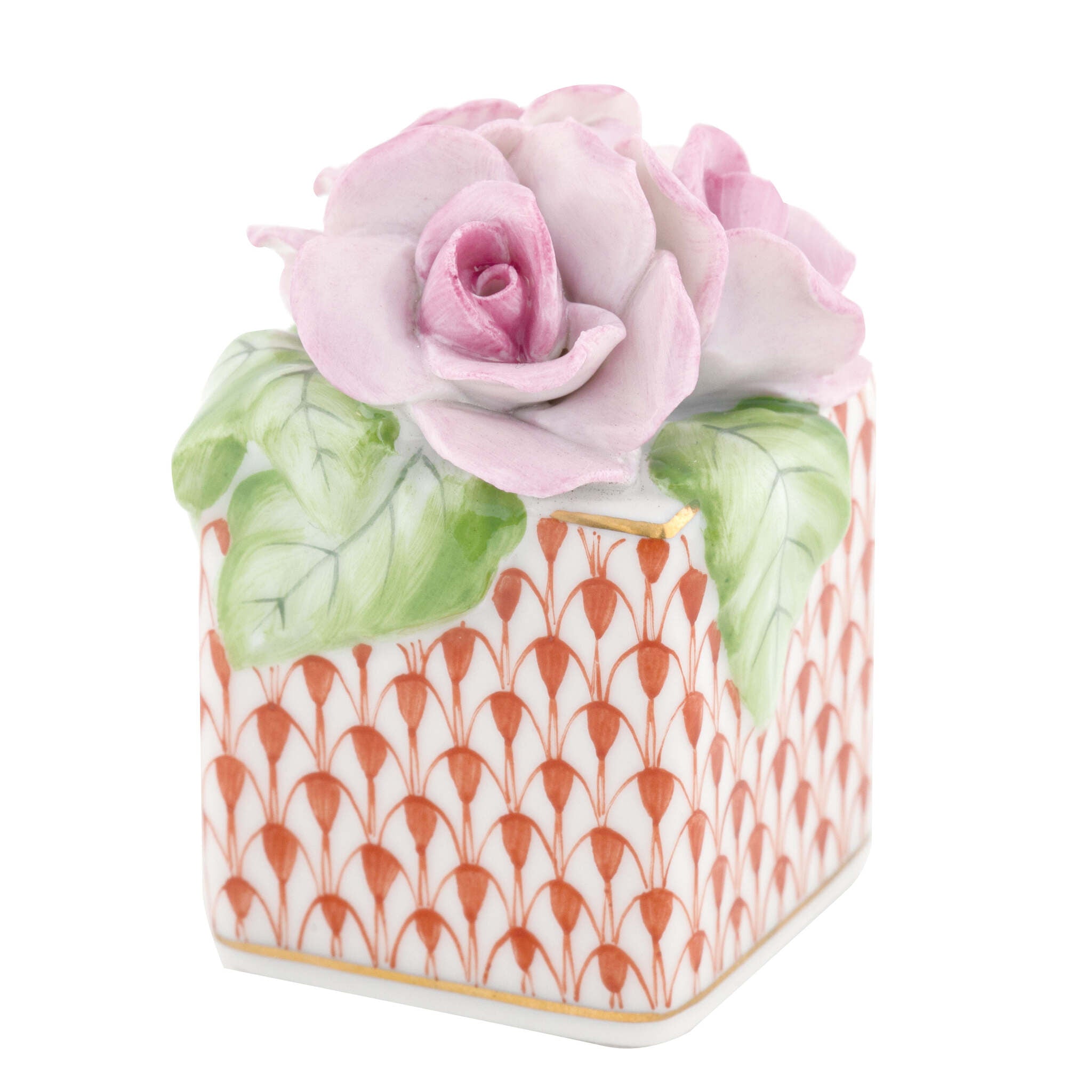 Hand-painted Herend Roses in Vase Figurine in Rust fishnet porcelain on a white background