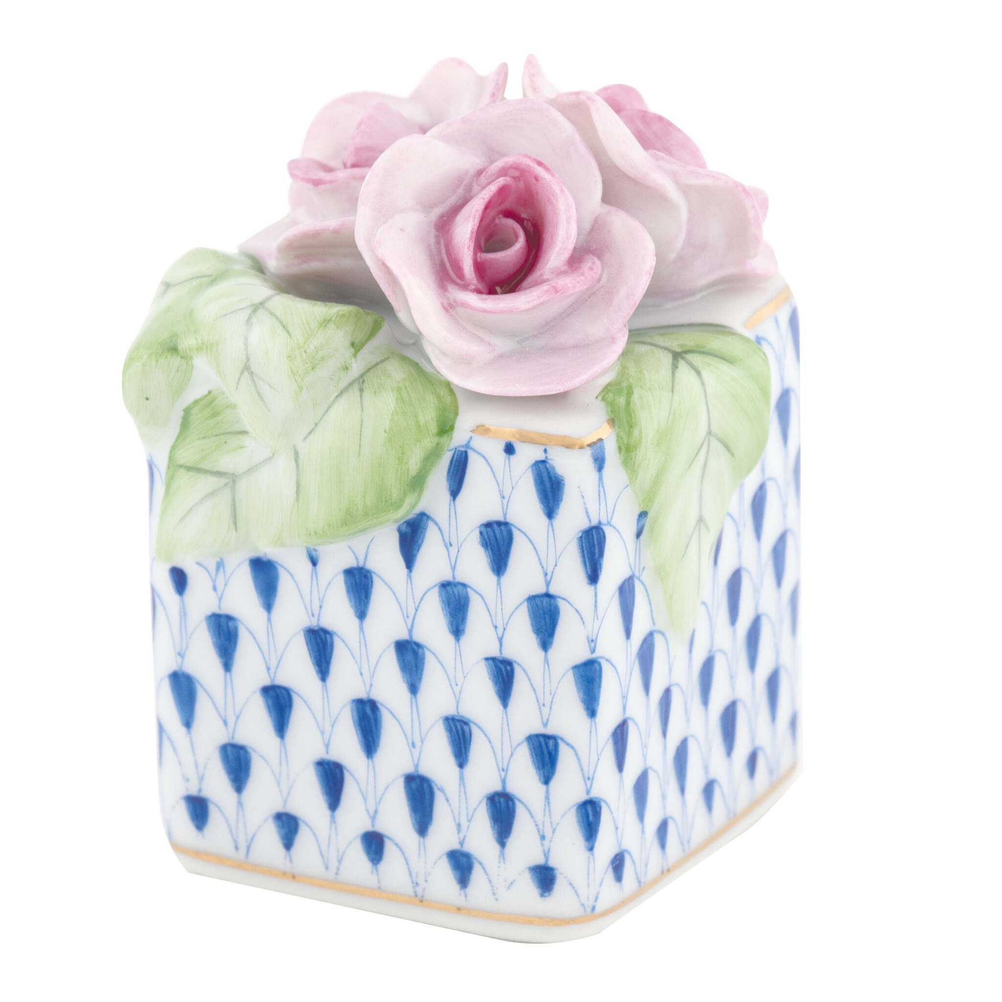 Sapphire fishnet Roses in Vase Figurine figurine, hand-painted Herend porcelain with 24k gold accents