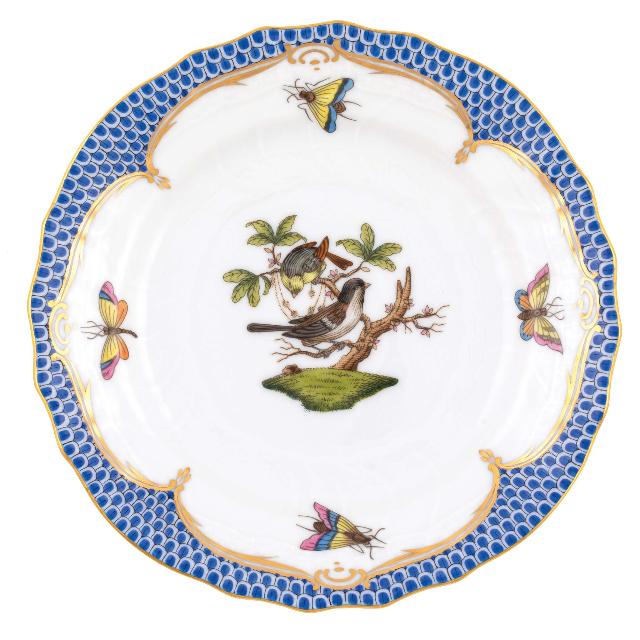 Hand-painted Herend Rothschild Bird Blue Border Bread and Butter Plate in fine porcelain, 6in D,, Motif 1, on a white background