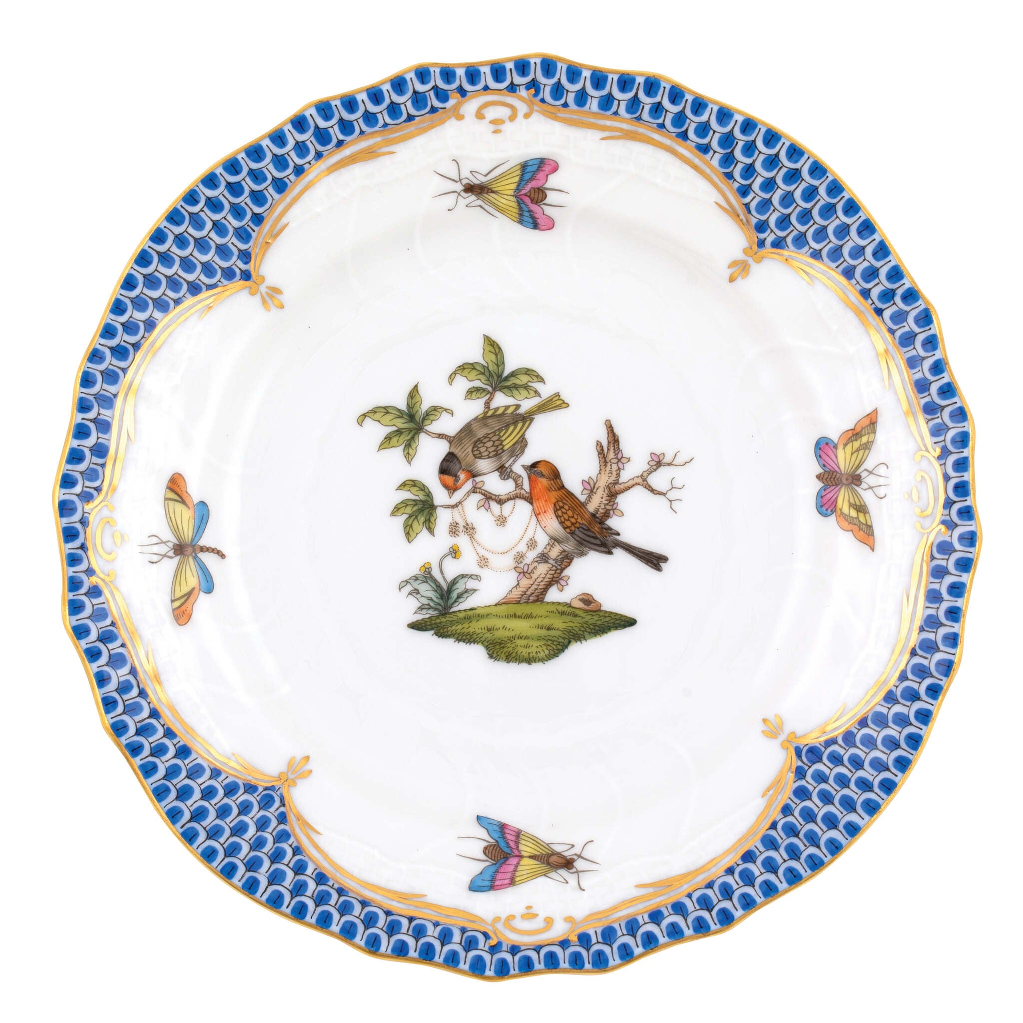 Hand-painted Herend Rothschild Bird Blue Border Bread and Butter Plate in fine porcelain, 6in D,, Motif 10, on a white background