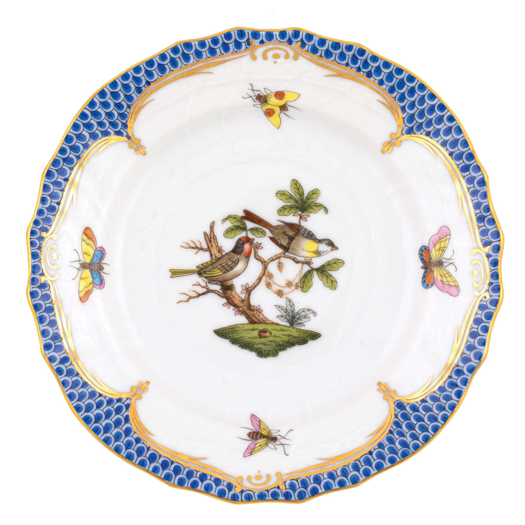 Hand-painted Herend Rothschild Bird Blue Border Bread and Butter Plate in fine porcelain, 6in D,, Motif 11, on a white background