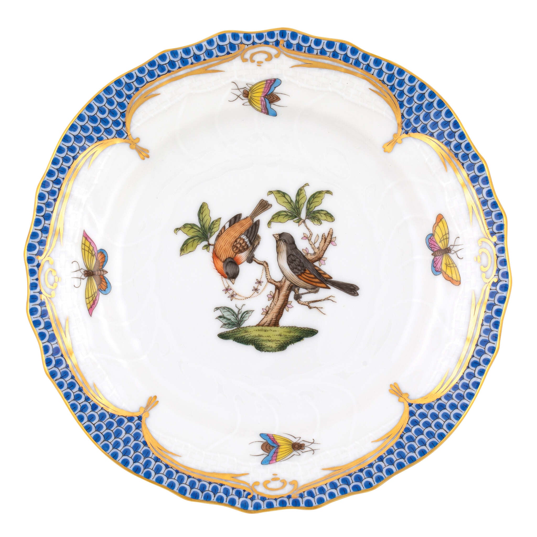 Hand-painted Herend Rothschild Bird Blue Border Bread and Butter Plate in fine porcelain, 6in D,, Motif 12, on a white background