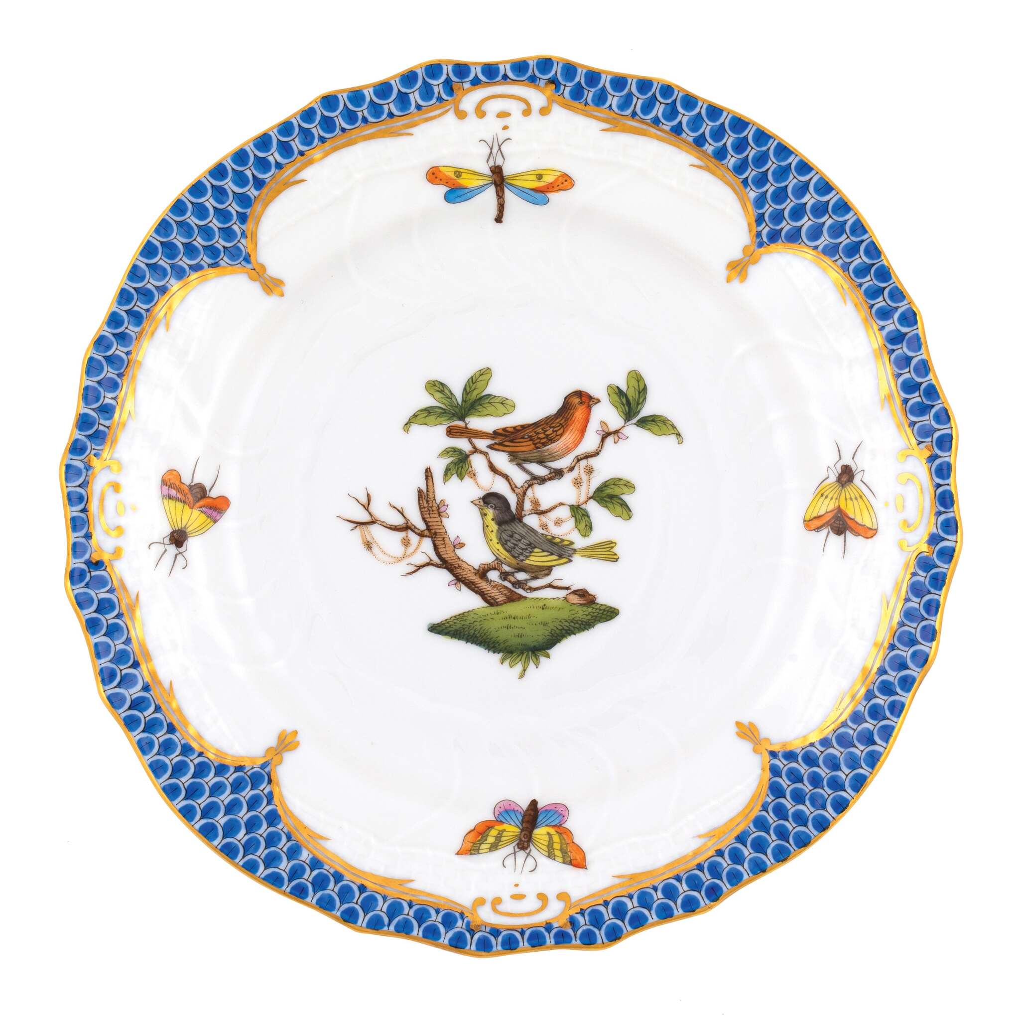 Hand-painted Herend Rothschild Bird Blue Border Bread and Butter Plate in fine porcelain, 6in D,, Motif 3, on a white background