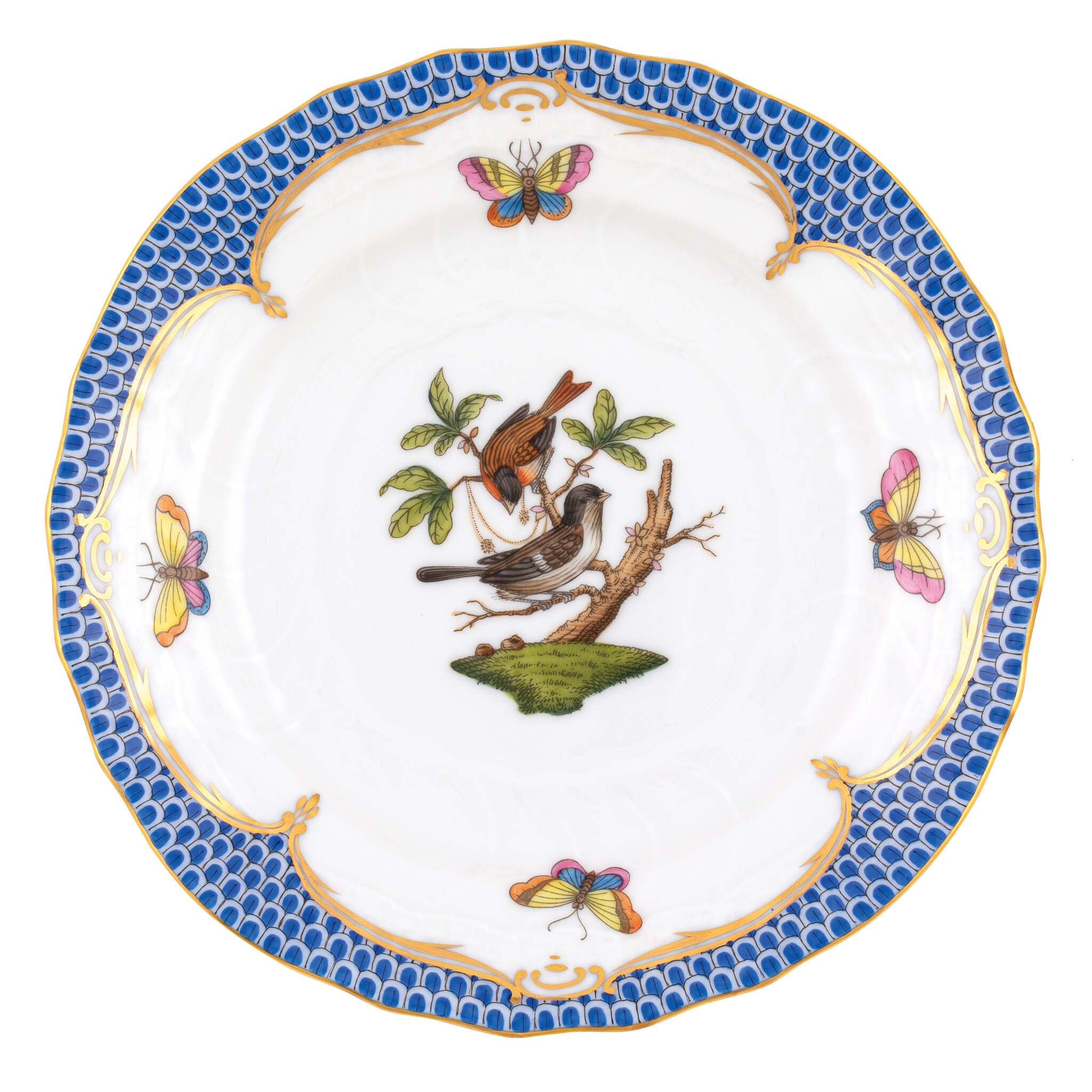 Hand-painted Herend Rothschild Bird Blue Border Bread and Butter Plate in fine porcelain, 6in D,, Motif 4, on a white background